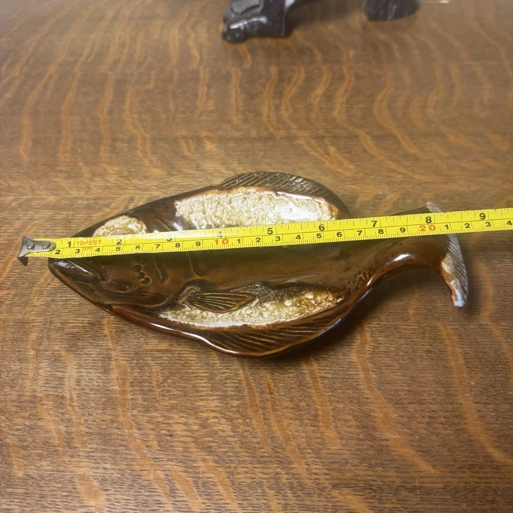 Vintage Ceramic Fish Shaped Serving Dish Brown Cream Glaze 9